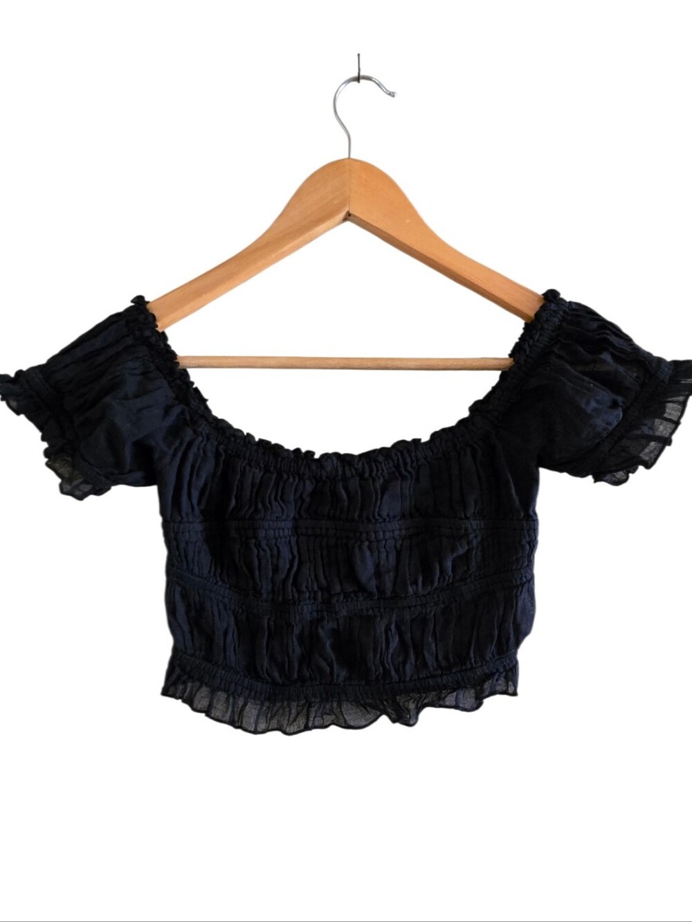 Free People FP One Black Smocked Off Shoulder Crop Top Gauze Stretch Ruffle XS - Picture 2 of 9